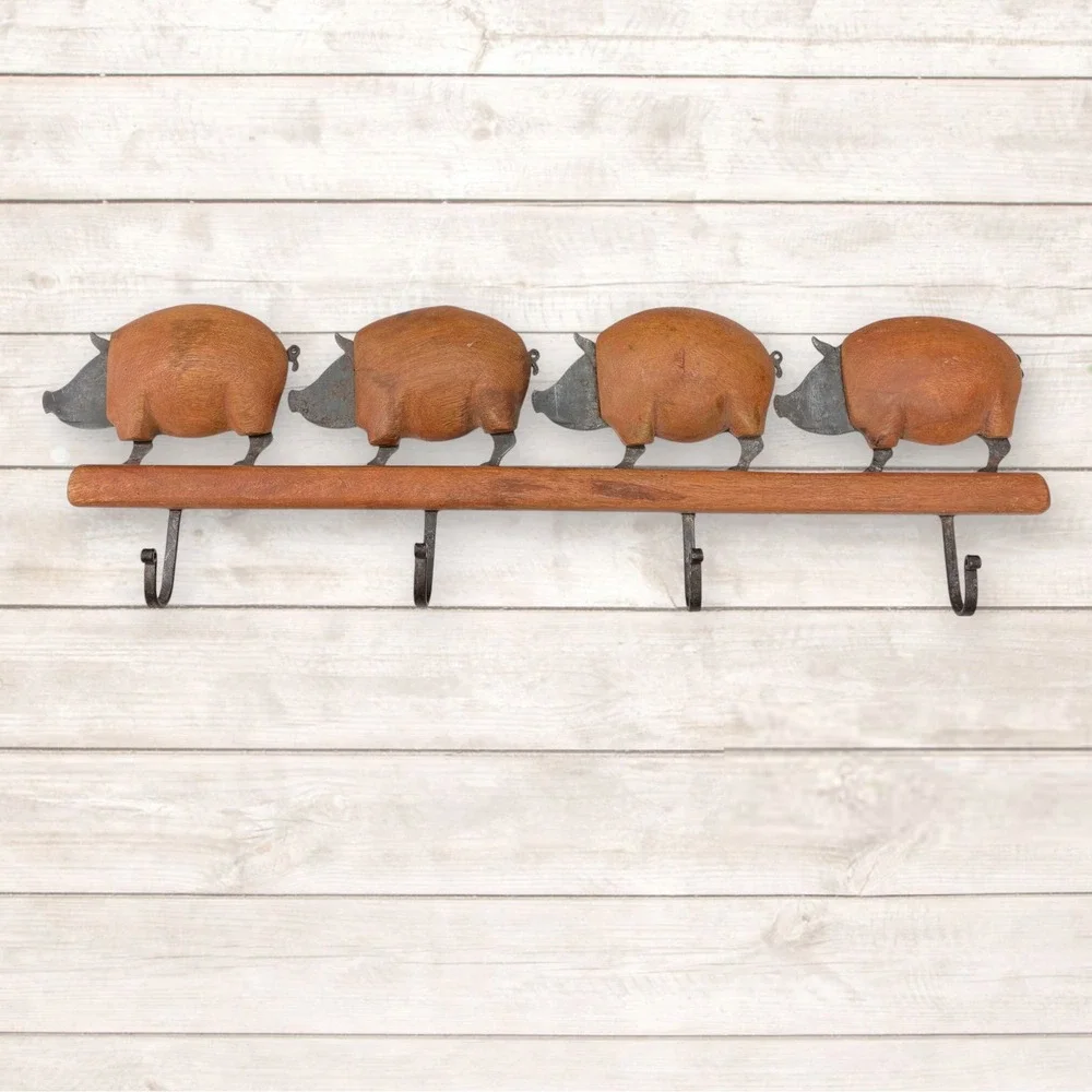 Rustic Wood and Metal Pig Wall Mount Coat Rack 4 Hook Farmhouse Entryway Decor
